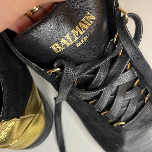 Balmain Black & Gold Lace Up High Top Sneakers 37 W 35 M Suede & Leather… - Picture 14 of 14